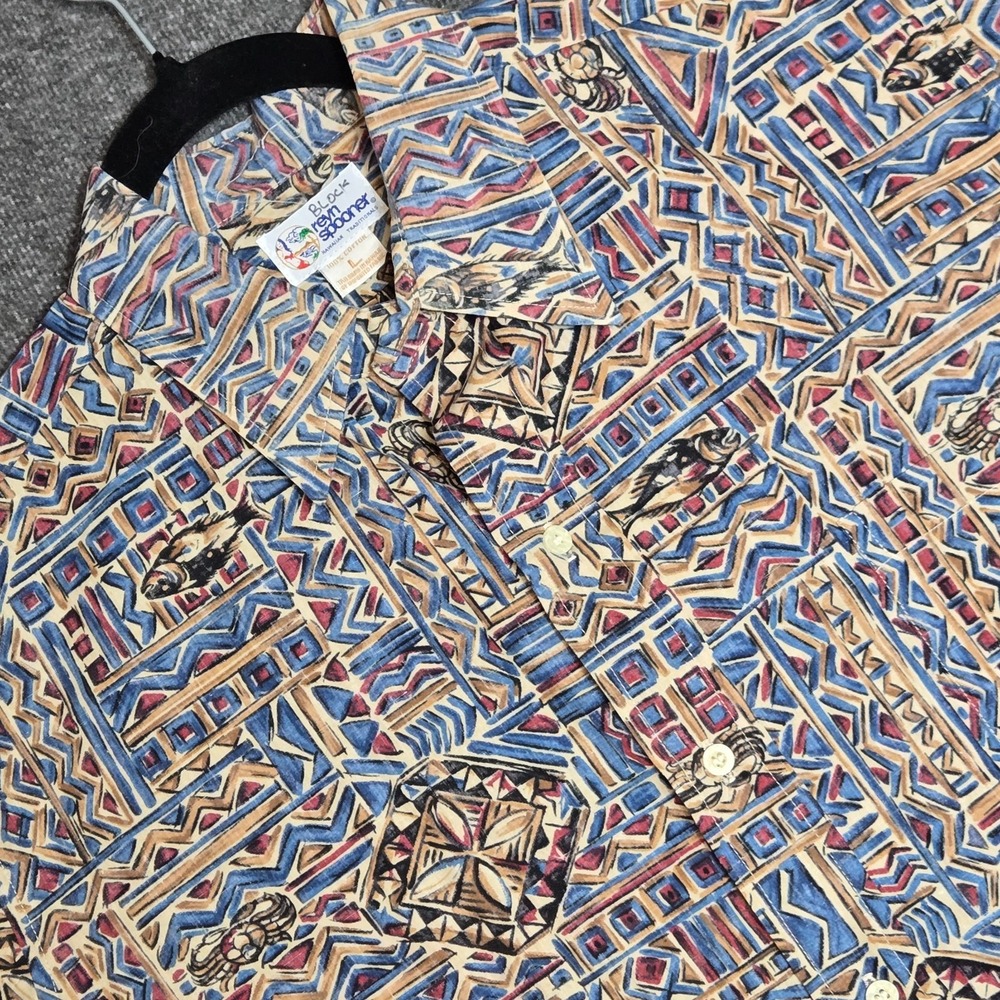 Reyn Spooner Hawaiian Button Shirt Sz L Faded Aztec Patterns Fish Crabs Vtg